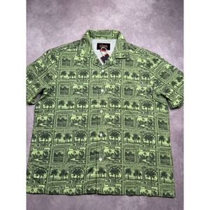 NWT Deus Ex Machina Mail-Man Shirt Green Stamp Palm Tree Print Button Up Men M